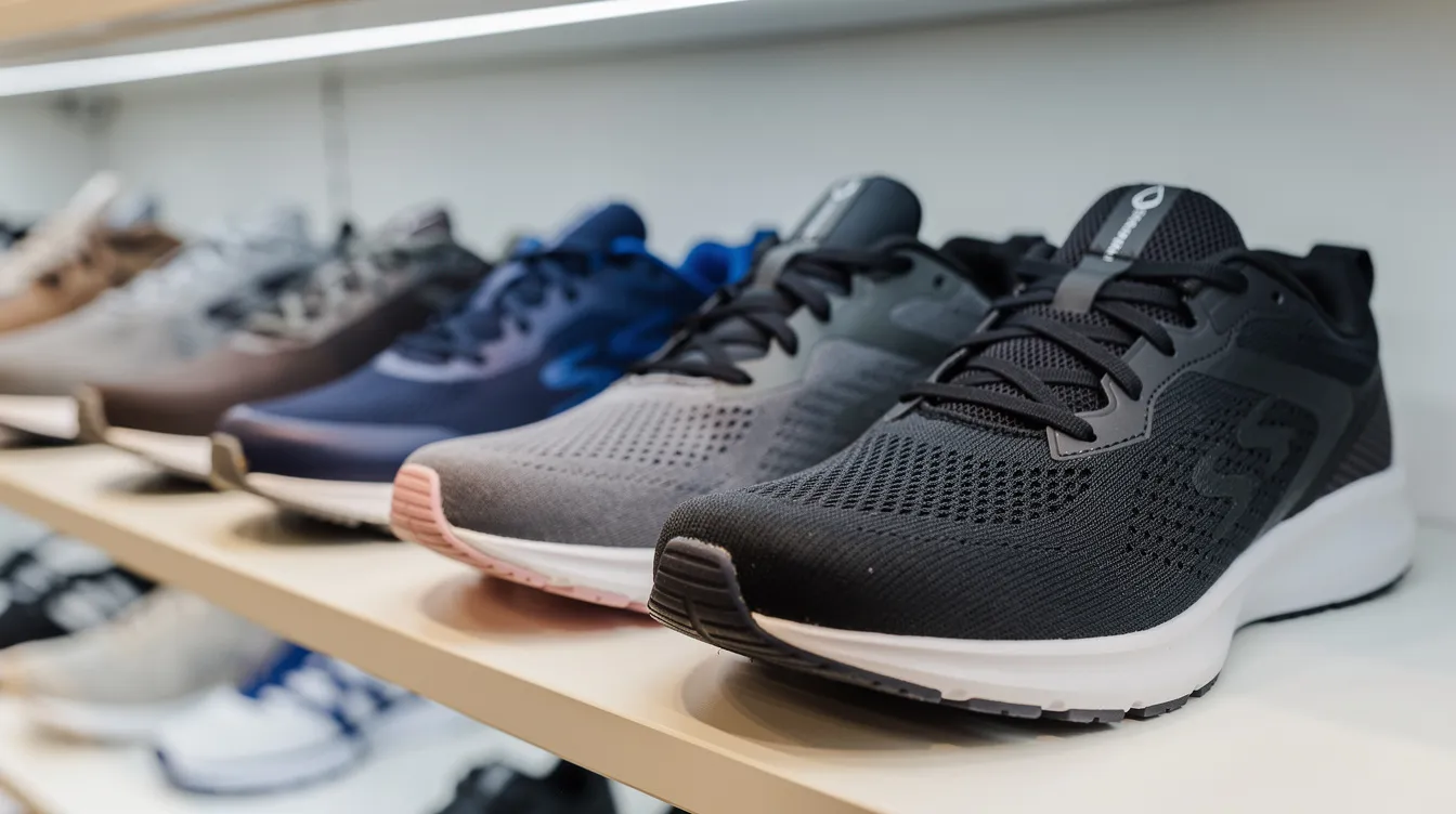 The image shows a display of athletic shoes featuring wide toe boxes on a store shelf, designed to provide comfort and support for the big toe joint and alleviate pain associated with bunions. These shoes are ideal for individuals looking to relieve pressure on their toes and prevent foot problems.