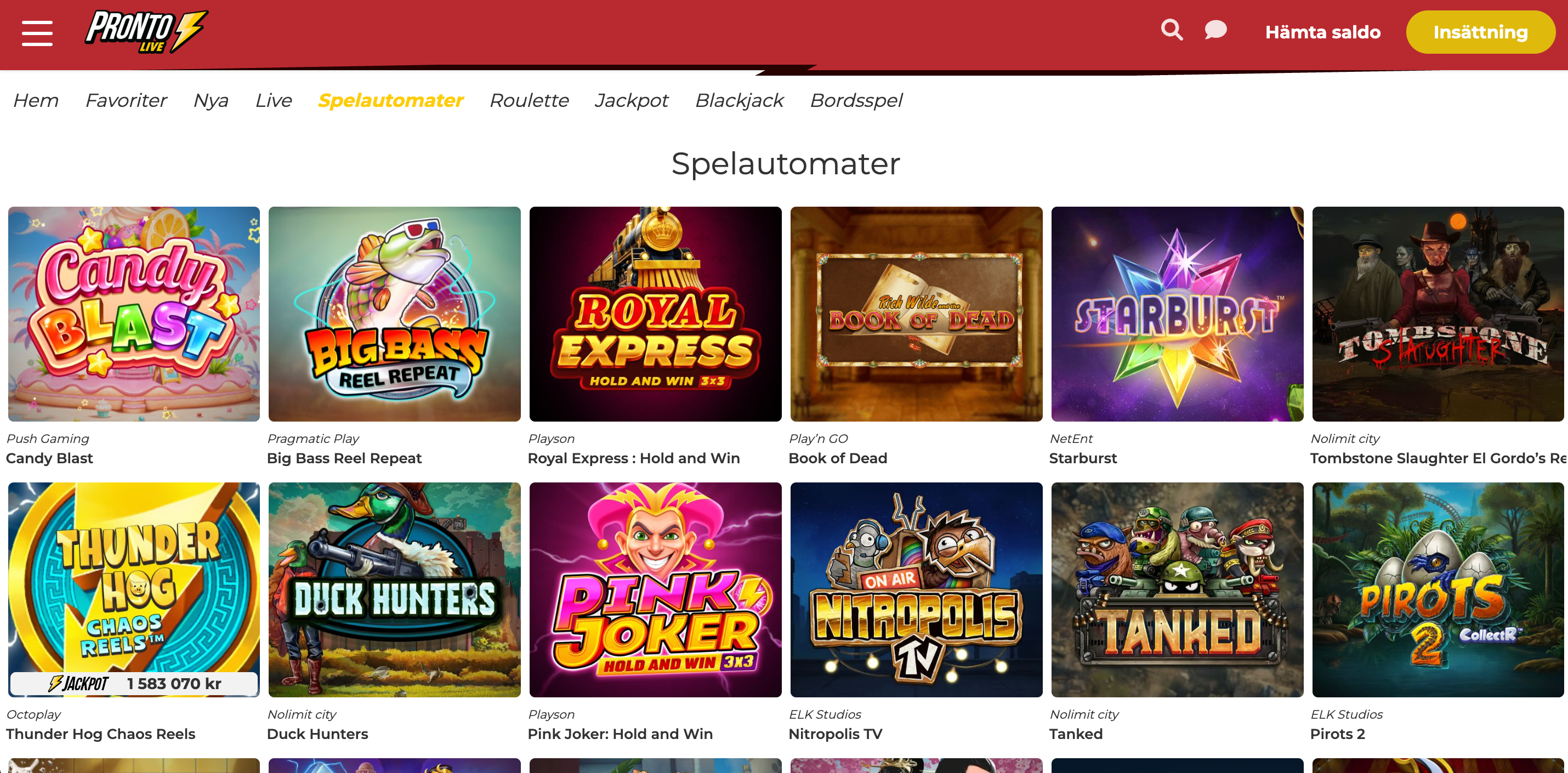 Pronto Live Casino slots