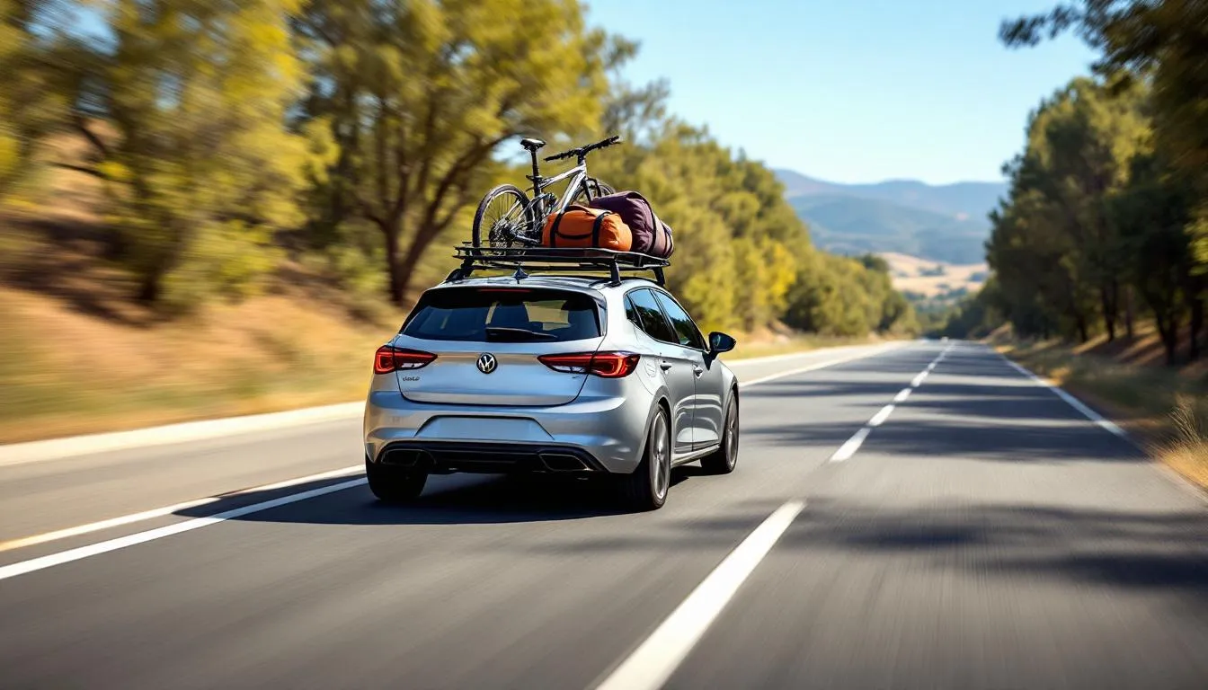 A vehicle is seen test driving on a quiet road, equipped with a roof rack system holding lightweight cargo, showcasing the versatility and stability of the installed roof racks. The scene emphasizes the vehicle's readiness for road trips and adventures, highlighting the importance of secure cargo positioning.