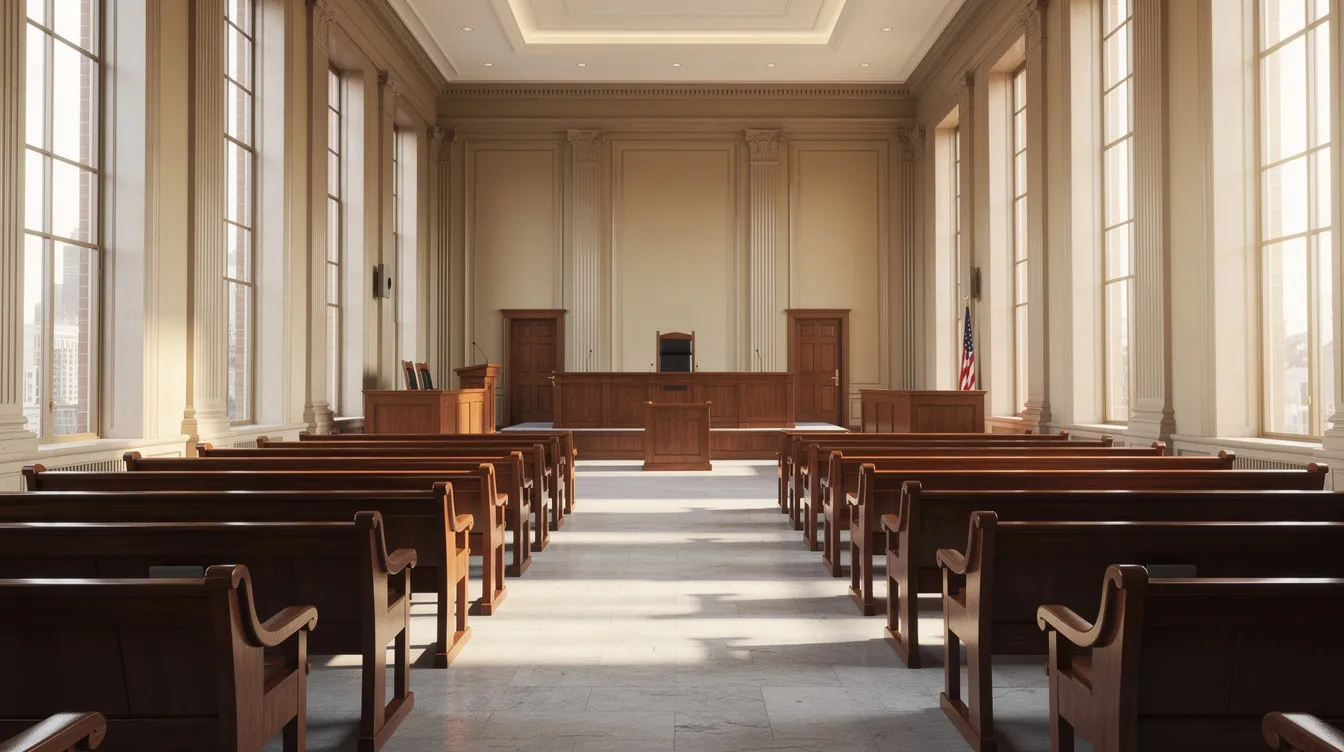 The image depicts a professional courthouse interior featuring polished wooden benches and large windows that allow natural light to illuminate the space. This setting could be the venue for legal proceedings related to serious matters such as birth injury claims or medical malpractice cases.