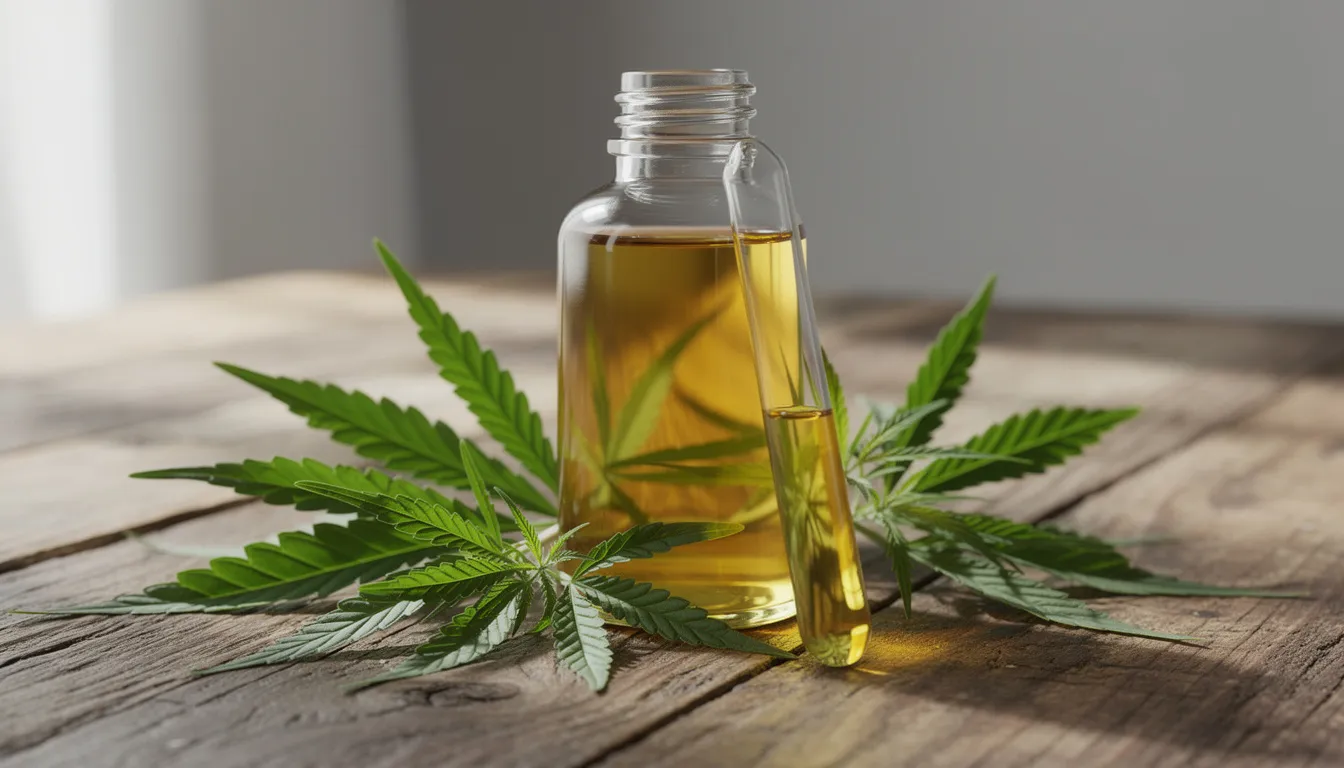 Auf einem Holztisch steht eine Glasflasche mit goldfarbenem Öl und einer Pipette, umgeben von frischen Hanfblättern. Dieses Produkt könnte Cannabinol (CBN) enthalten, das für seine potenziellen Vorteile bei Schlafstörungen und zur Unterstützung des Endocannabinoid-Systems bekannt ist.