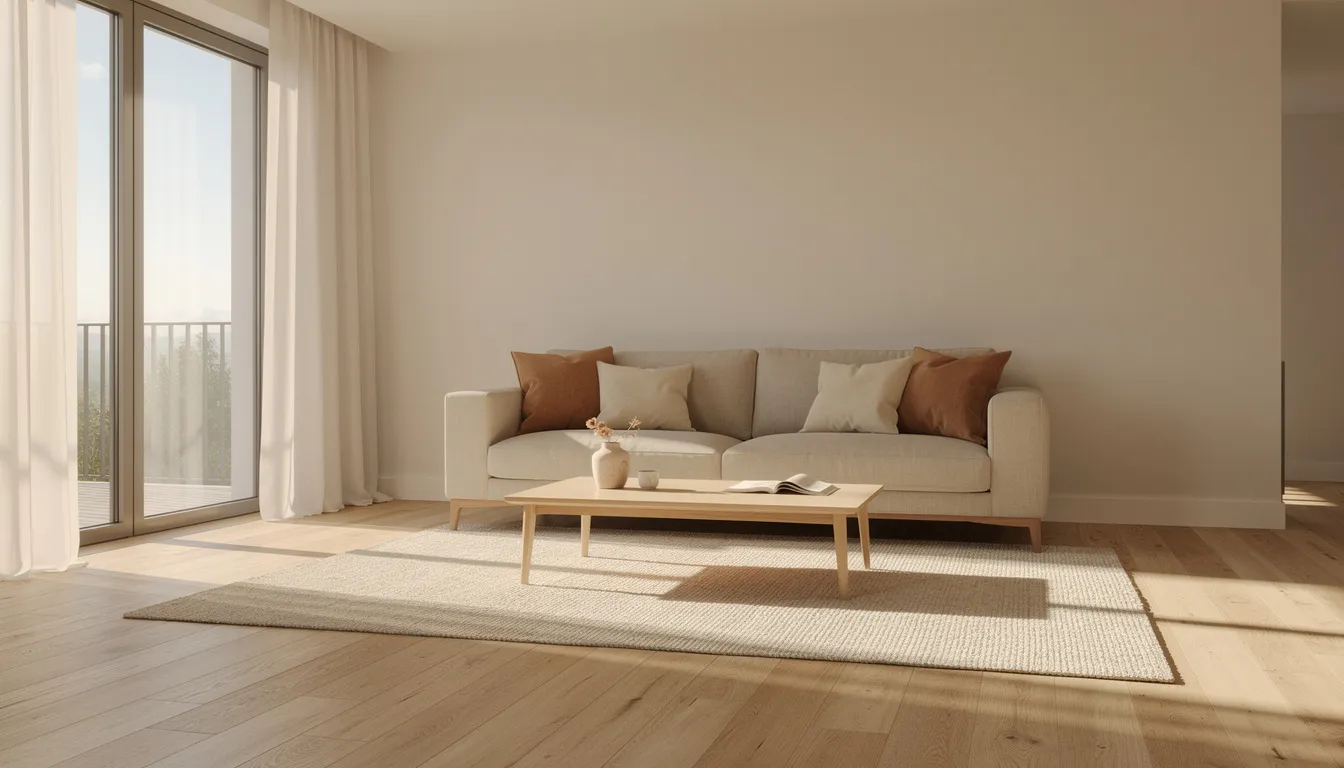 The image depicts a neutral-toned small living room featuring a light sofa with clean lines, natural timber floors, and soft afternoon light filtering through sheer curtains, creating a cosy and inviting atmosphere perfect for compact spaces. This stylish lounge room layout emphasizes comfort and elegance, making it an ideal choice for small apartments or studio living.