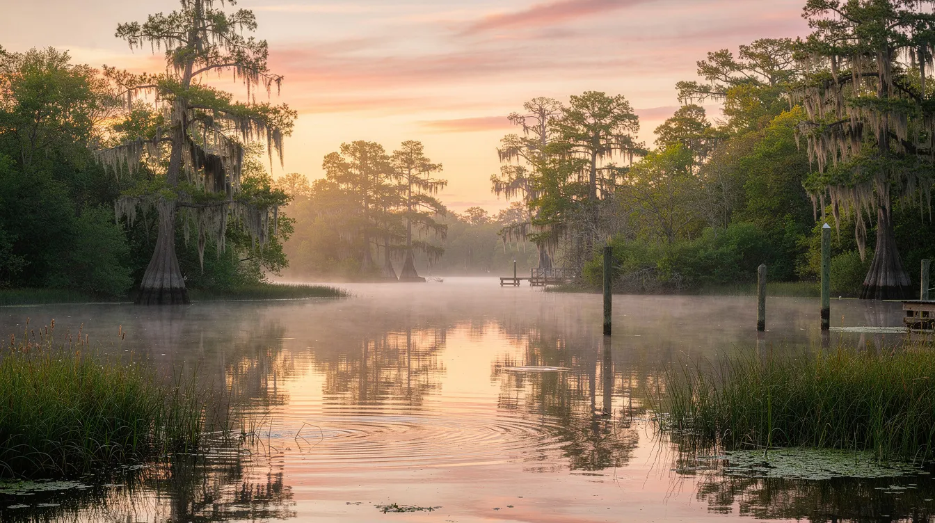 A serene rural Louisiana landscape showcases a calm bayou, with trees gracefully reflecting in the still water, evoking a sense of tranquility. This peaceful scene is a reminder of the natural beauty that can provide solace to those facing serious medical conditions, such as chronic kidney disease.