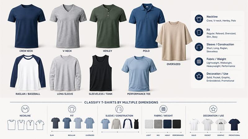 Common T-shirt types classified by neckline, fit, sleeve construction, fabric weight, and decoration use