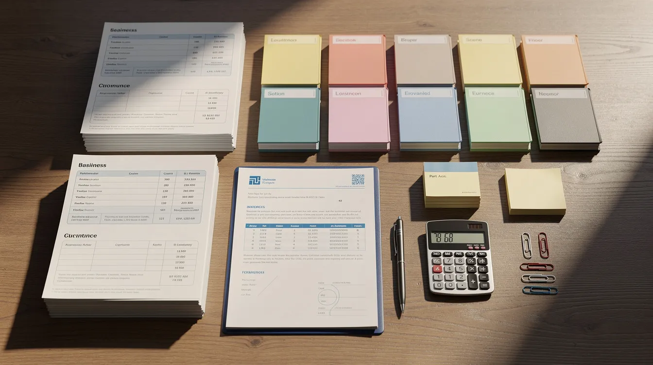 eb9eac1d 1c7c 4468 b8c6 931b94958489 The image shows a neatly organized wooden desk featuring various business documents, folders, and a calculator, symbolizing the meticulous preparation required for applying for business loans, such as mudra loans, to support micro enterprises and ensure a satisfactory credit track record. This setup reflects the essential paperwork that eligible borrowers need to manage their cash flow and demonstrate their business plans to financial institutions.