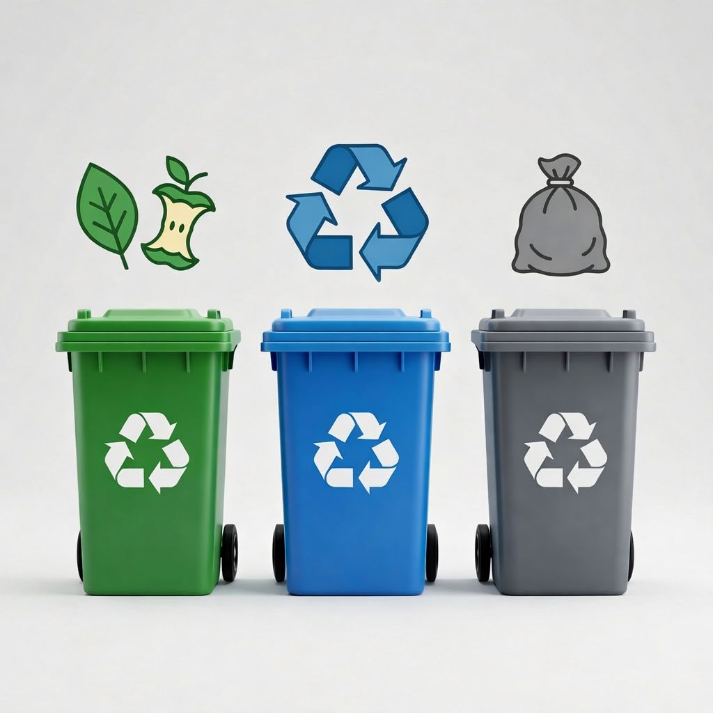 Three Manhattan Beach waste bins in green, blue, and gray colors representing organics, recycling, and landfill trash.