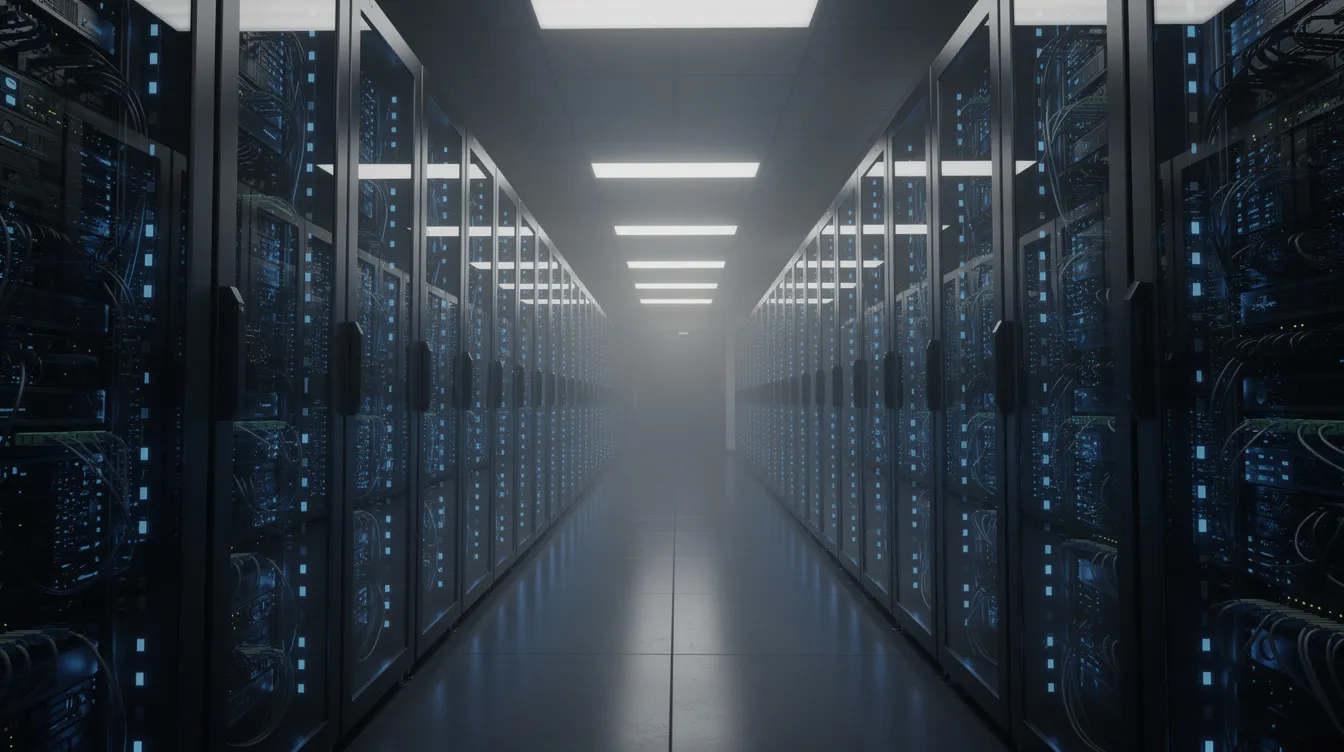 The image depicts a modern data center server room filled with rows of server racks, each adorned with blue indicator lights glowing softly in a dimly lit environment, symbolizing the active infrastructure that supports user sites. This setting is crucial for hosting services, where teams are committed to providing real-time updates and addressing any technical issues that may arise.