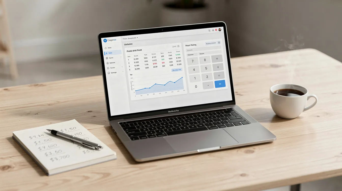 The image depicts a clean and organized workspace featuring a laptop displaying a financial calculator, a notepad for jotting down notes, and a steaming cup of coffee, all resting on a wooden desk. This setup suggests a productive environment for handling tasks related to personal loans and financial planning.