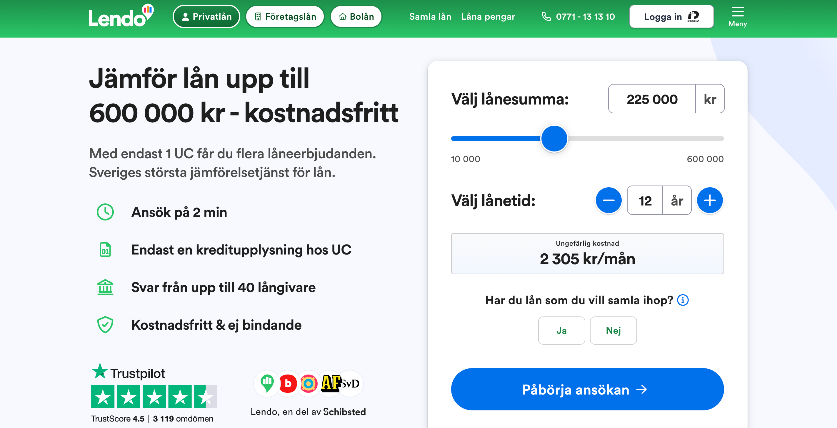 Lendo startsida privatlån