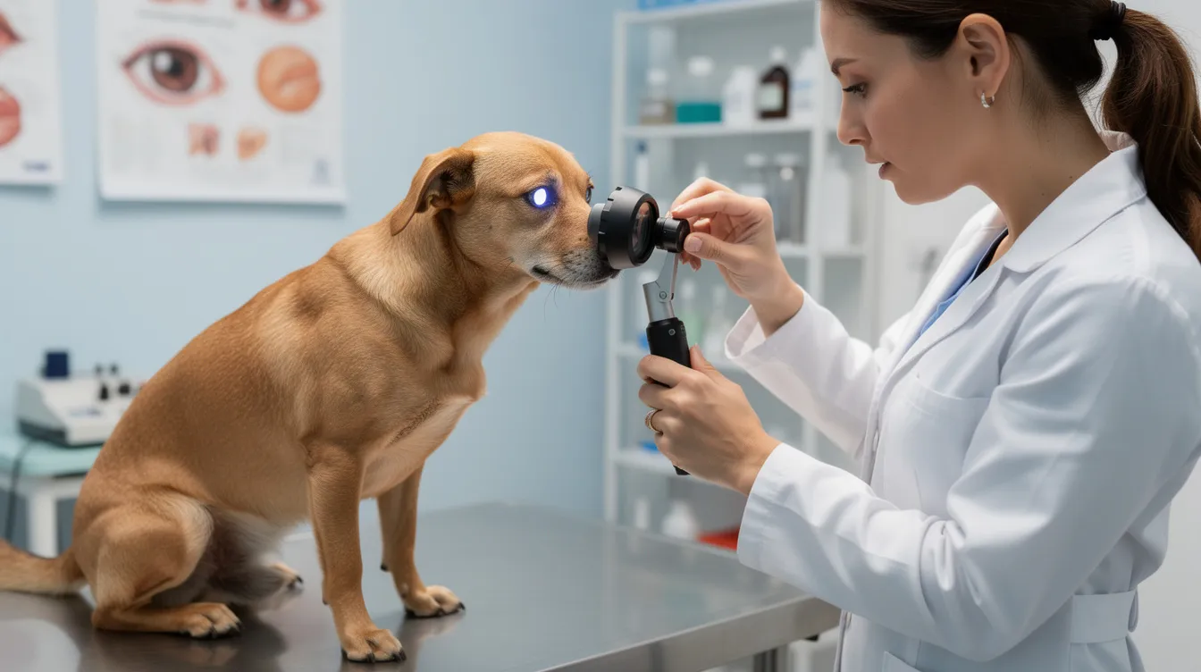 A veterinarian is carefully examining a dog's eyes using an ophthalmoscope, ensuring the dog's vision is optimal and checking for any signs of health problems. This examination is crucial for understanding the dog's overall health, which can be influenced by factors such as diet, including whether dogs eat cat food and the nutritional imbalances that may arise from it.