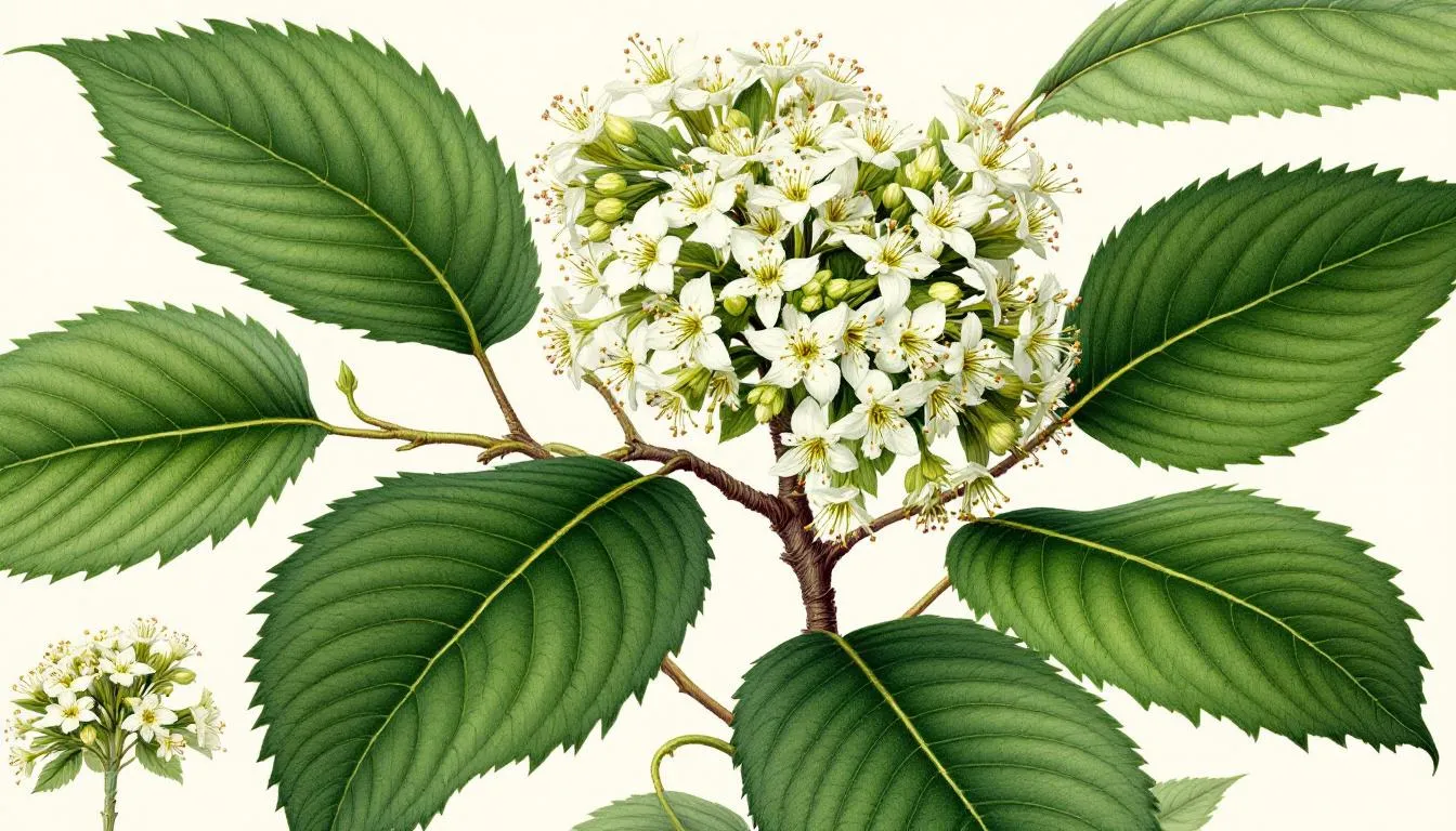The image depicts Viburnum opulus, commonly known as cramp bark or the snowball tree, featuring clusters of white flowers and red berries. This flowering shrub is traditionally used in herbal medicine for relieving menstrual cramps and muscle spasms, showcasing its long history of health benefits in various cultures.