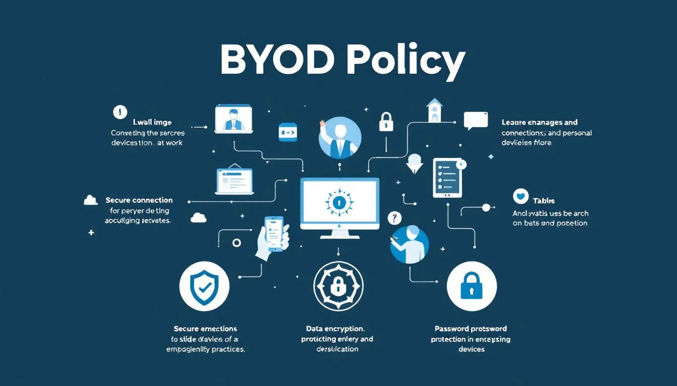 Illustration d'une politique BYOD, montrant des employ&eacute;s utilisant leurs appareils personnels au travail.