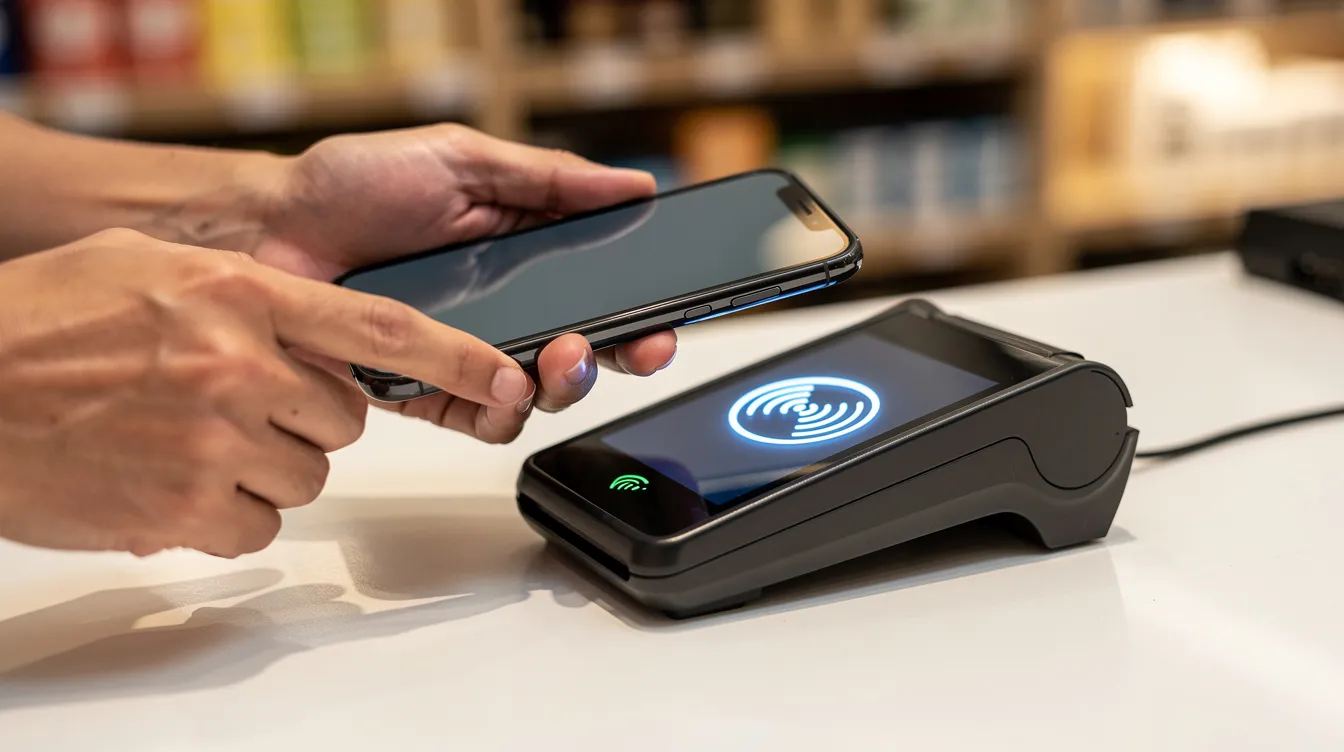 A person is tapping their smartphone against a contactless payment terminal at a shop counter, demonstrating the convenience of digital wallets for online payments. This transaction highlights the ease of using mobile payment methods like Apple Pay or Skrill for quick purchases.
