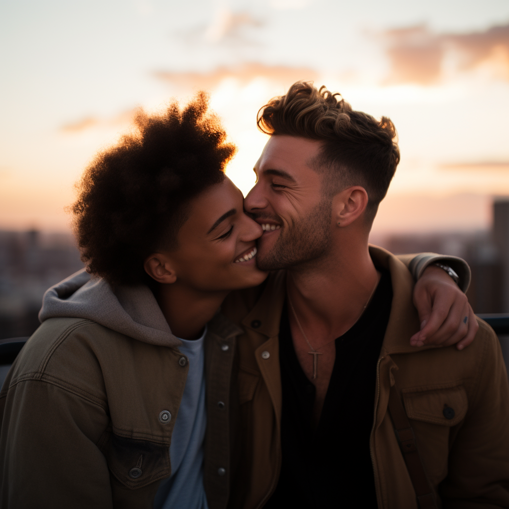 Gay couple in New York City, beaming with contentment after successful relationship counseling at GayCouplesTherapy.com.