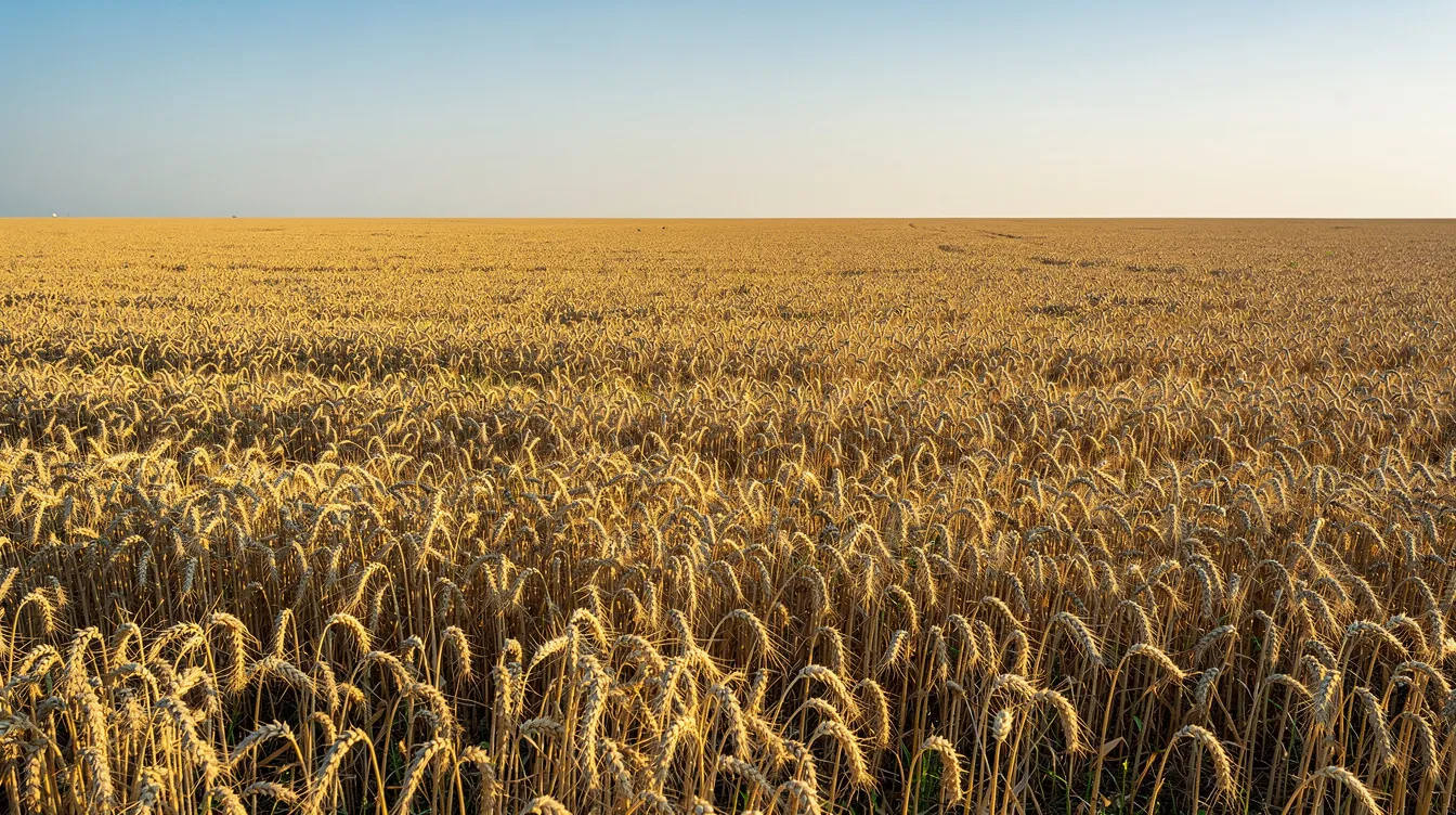 A vast golden wheat field stretches towards the horizon under a clear blue sky, symbolizing the raw materials essential for the flour milling industry. This idyllic landscape highlights the significance of wheat procurement in the production of staple foods like wheat flour and baked goods.