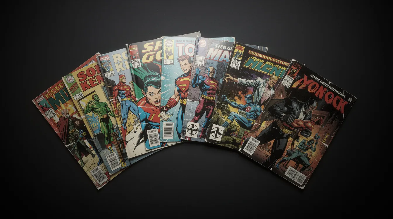 Auf dem dunklen Hintergrund sind mehrere aufgefächerte Comichefte aus verschiedenen Jahrzehnten zu sehen, die unterschiedliche Kunststile präsentieren, darunter Ausgaben von Batman Comics und Detective Comics. Die Hefte zeigen ikonische Figuren wie Batman, Robin und den Joker, die die Geschichten von Gotham City und seinen Helden und Schurken erzählen.