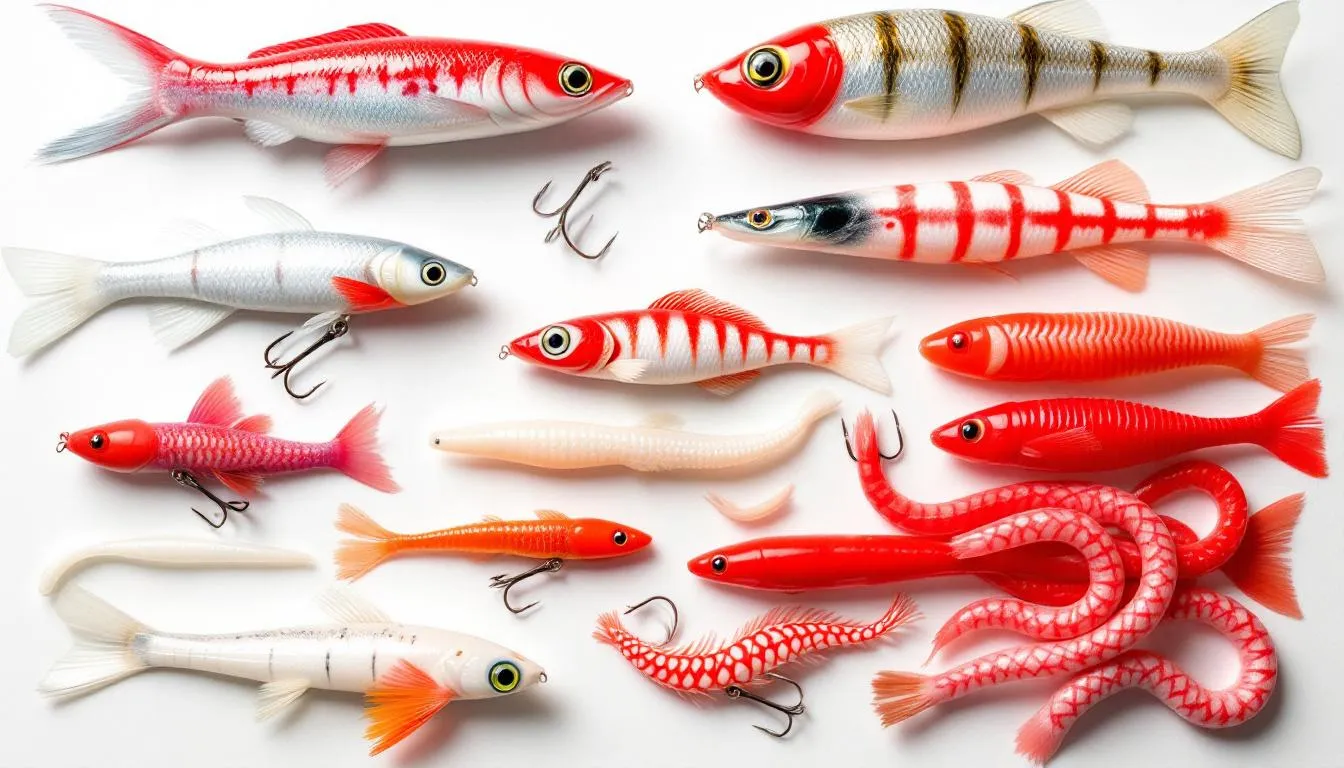 Na zdjęciu widoczne są różne typy mormyszek oraz przynęt podlodowych w kolorach czerwonym i białym, idealnych do wędkarstwa podlodowego. Przynęty te są kluczowe dla skutecznego łowienia ryb spod lodu, takich jak okonie czy szczupaki.