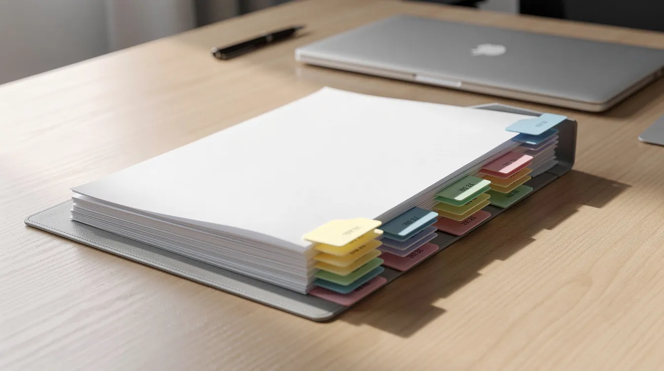 ebad981f 1f3c 46d4 bf72 1aa61aa7c21d The image shows a neatly organized file folder with colorful tabs, containing various documents such as bank statements and loan application forms, arranged on an office table. This setup suggests preparation for a business loan application, potentially under the Mudra scheme, highlighting essential documents required for financial assistance.