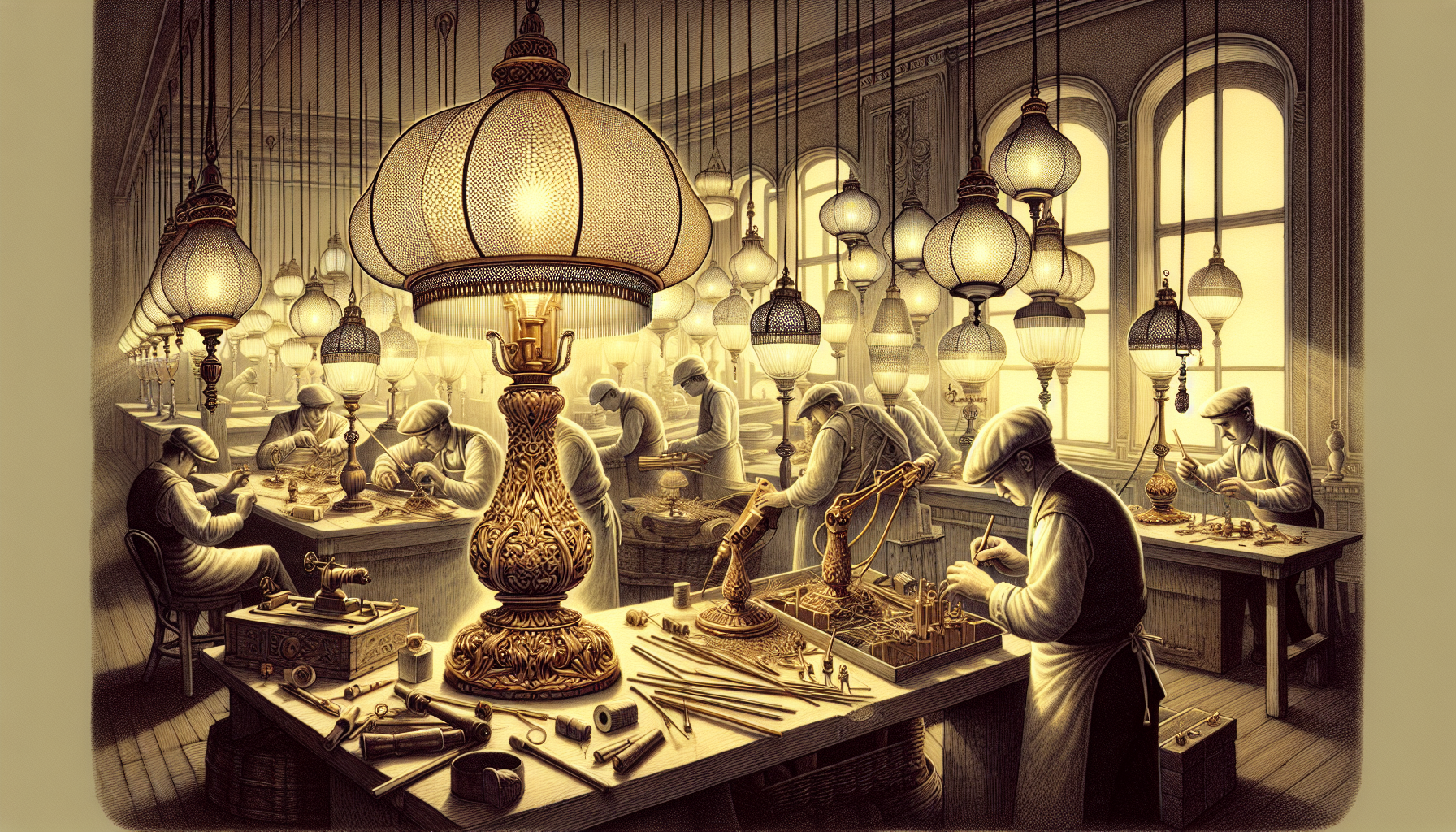 Illustration of vintage lamp manufacturing