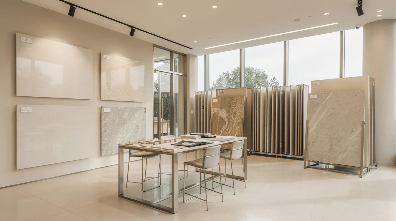 The image depicts a luxury tile showroom showcasing an array of porcelain and natural stone samples, designed for both indoor and outdoor spaces. The elegant display highlights various styles and textures, emphasizing the seamless transition between indoor and outdoor flooring options.