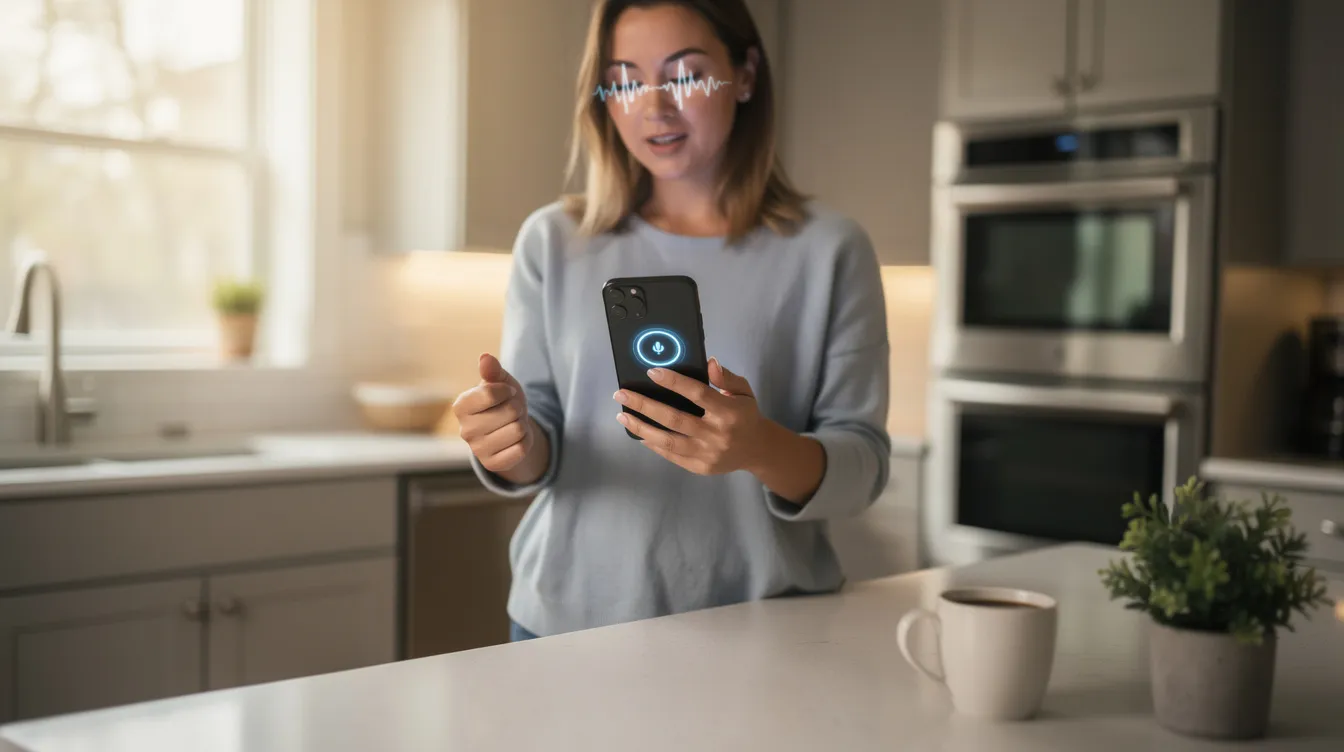A person is interacting with a voice assistant on their smartphone while standing in a modern kitchen, surrounded by cooking utensils and ingredients. This scene highlights the integration of technology in everyday life, which can enhance local businesses' online visibility through effective digital marketing strategies.