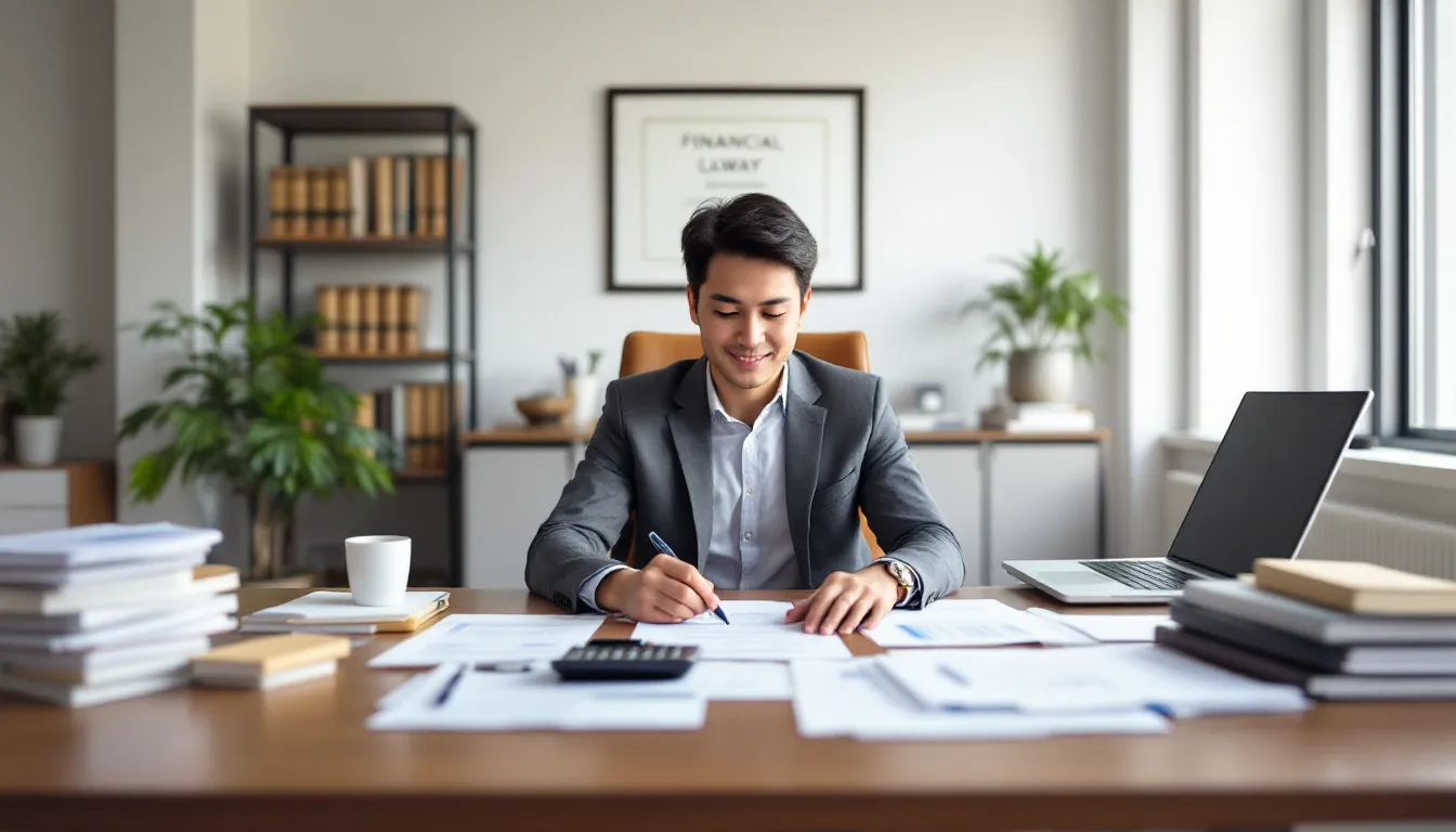 A professional mortgage office is depicted, featuring a desk cluttered with documents and a calculator, symbolizing the meticulous work of mortgage brokers in assisting clients through the home loan process. The environment reflects the importance of expert guidance and a holistic approach to finding the best deal for home buyers based on their specific financial circumstances.