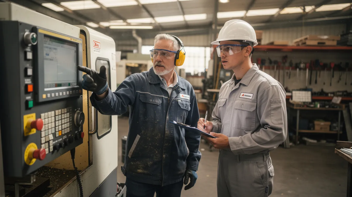 A mentor training his first apprentice on industrial equipment in a workshop setting.