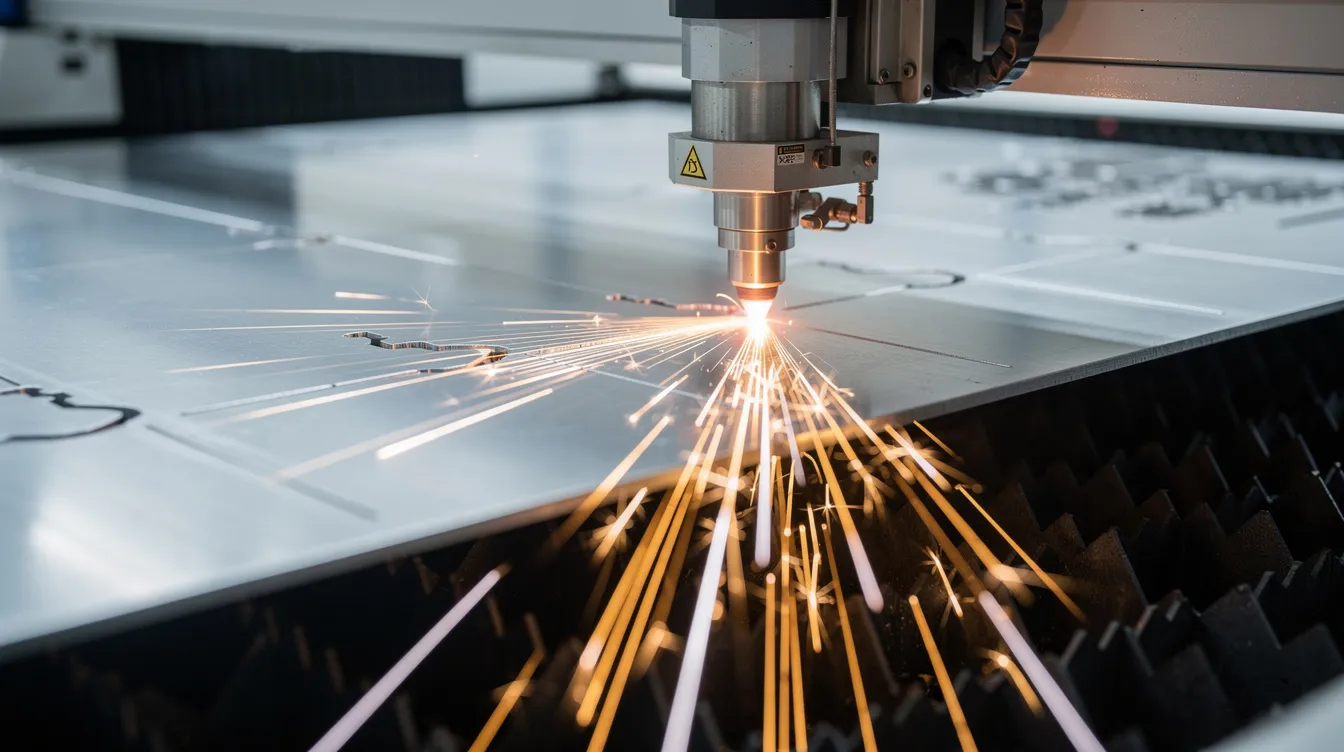The image shows a fiber laser cutting machine in action, precisely cutting a sheet of aluminum, with bright sparks flying from the cutting area. This process is part of sheet metal fabrication, highlighting the machine's capabilities in creating complex shapes and components for various industries.