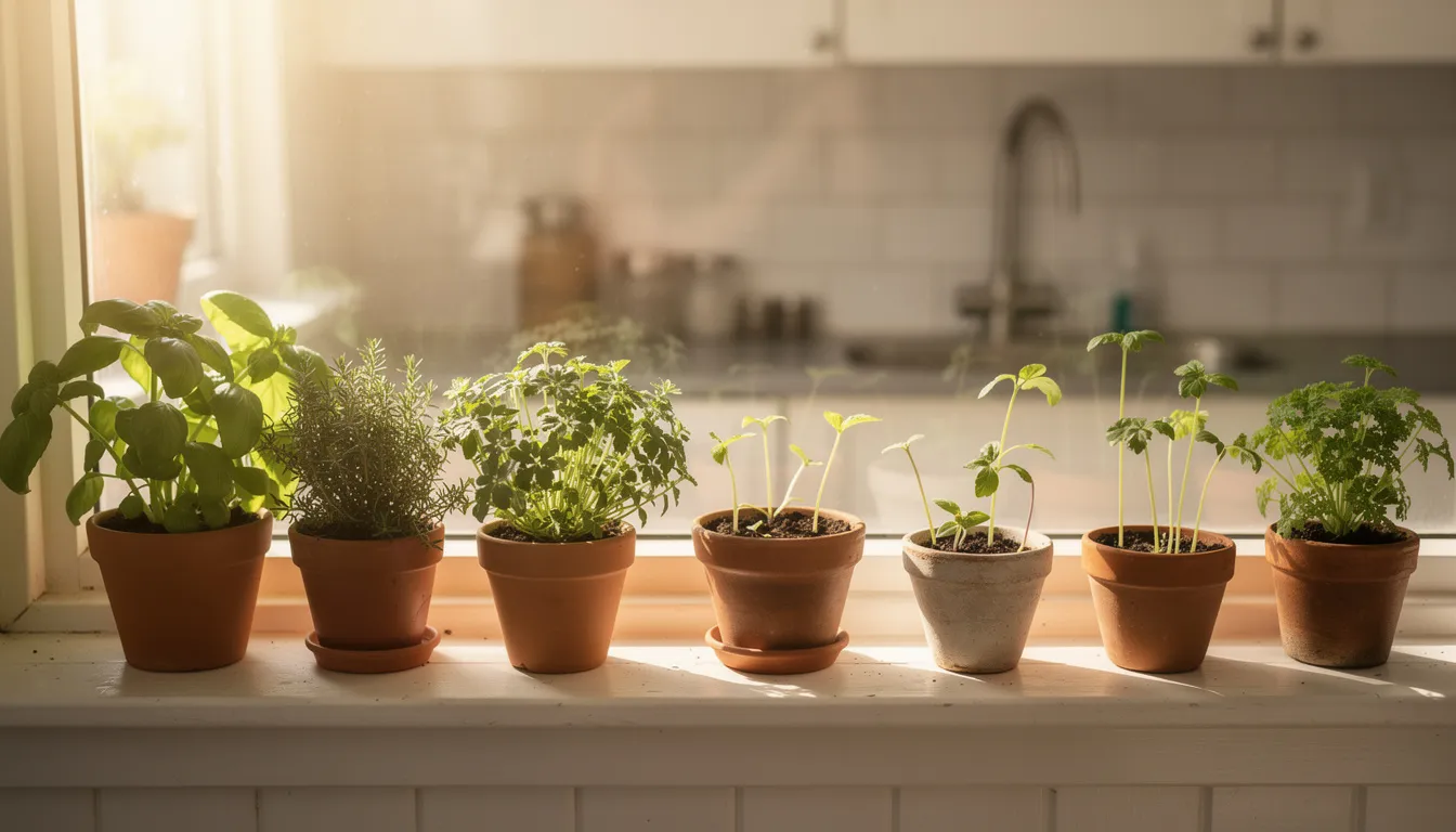 A sunny kitchen windowsill is adorned with various growing herbs and seedlings, showcasing the beauty of a homesteading lifestyle. This vibrant scene highlights essential skills in cultivating fresh food and nurturing plants for self-sufficiency.