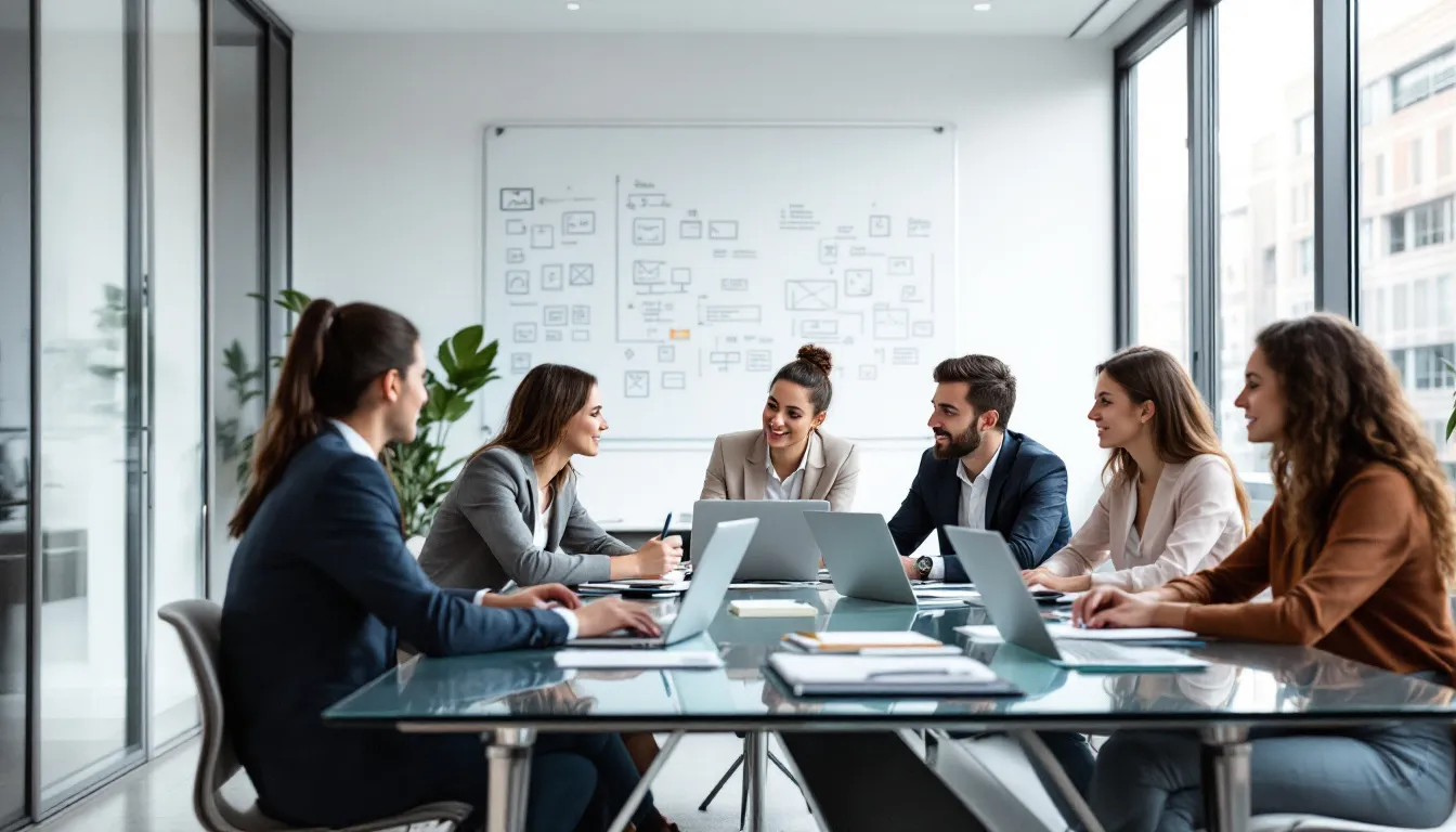 In this image, a diverse group of marketing professionals is gathered around a table, discussing various aspects of a successful marketing campaign. They are analyzing campaign data and brainstorming strategies to effectively reach their target audience through multiple marketing channels, including social media and email marketing campaigns.