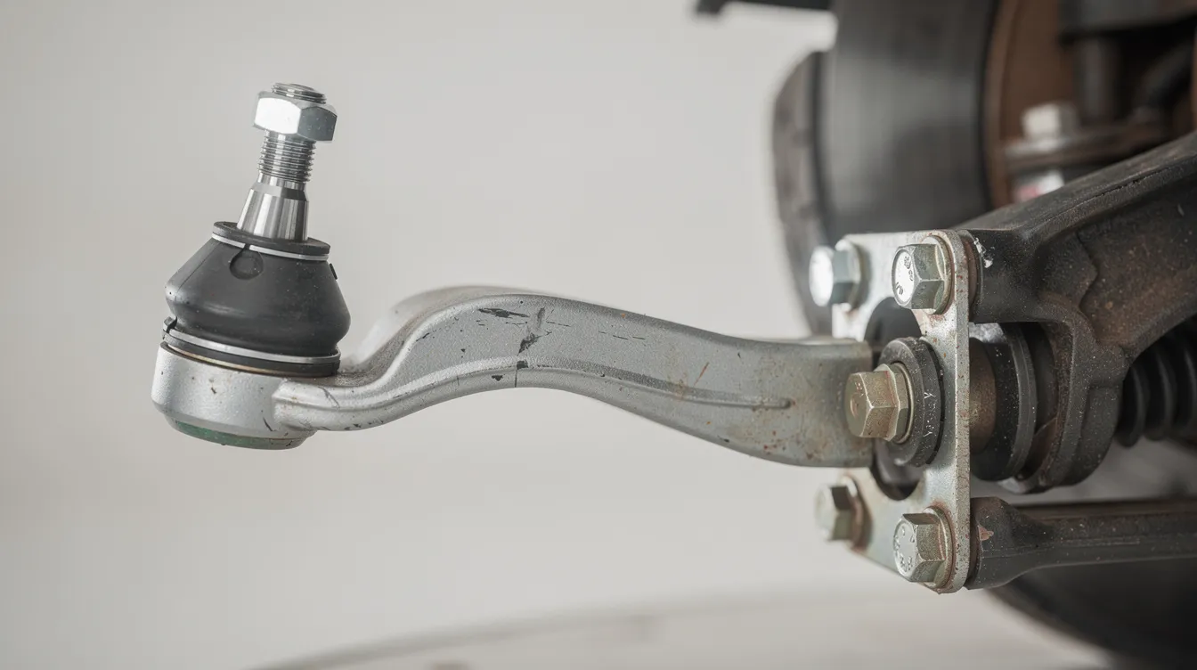 This close-up image showcases a car's lower control arm assembly, highlighting the ball joint and bushing, which are essential components of the suspension system that connect the chassis to the wheel for improved stability and performance. The detailed view emphasizes the durability and design of these auto parts, crucial for ensuring a smooth driving experience over bumps.