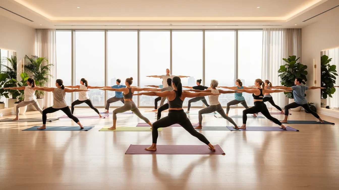 The image depicts a group of individuals engaged in yoga practice within a modern wellness studio, featuring large windows that allow natural light to flood the space. This setting highlights the growing market demand for fitness studios and wellness centers, which are among the best small business ideas in Bangalore.