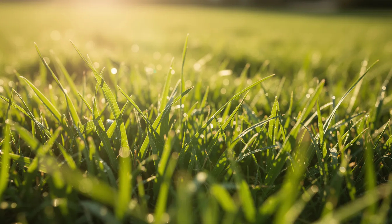 The image shows a close-up of healthy green grass blades glistening in the summer sunlight, highlighting their lush, leafy growth. This vibrant lawn exemplifies the benefits of using high-quality lawn fertiliser for a thriving, actively growing garden.