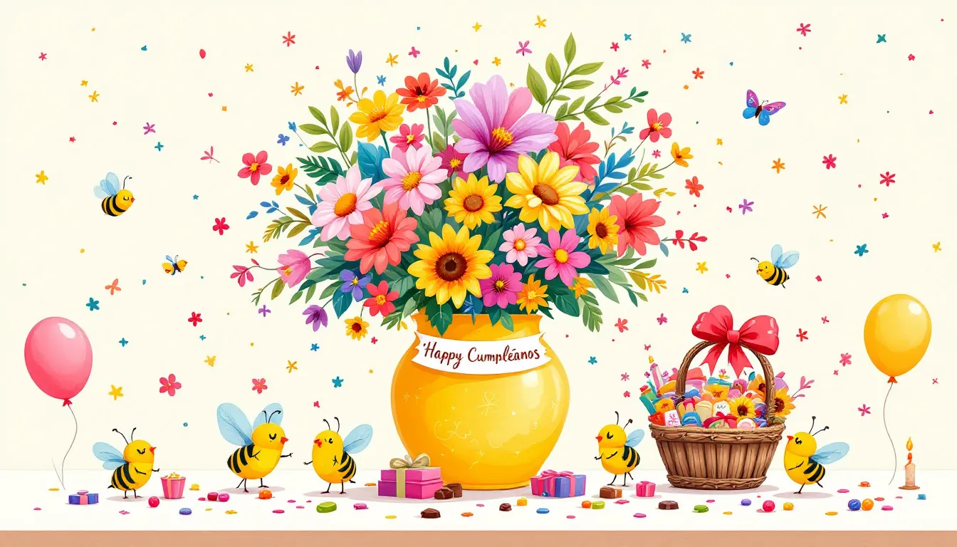 A vibrant flower bouquet with a gift basket in the background, symbolizing same day delivery for birthday surprises.