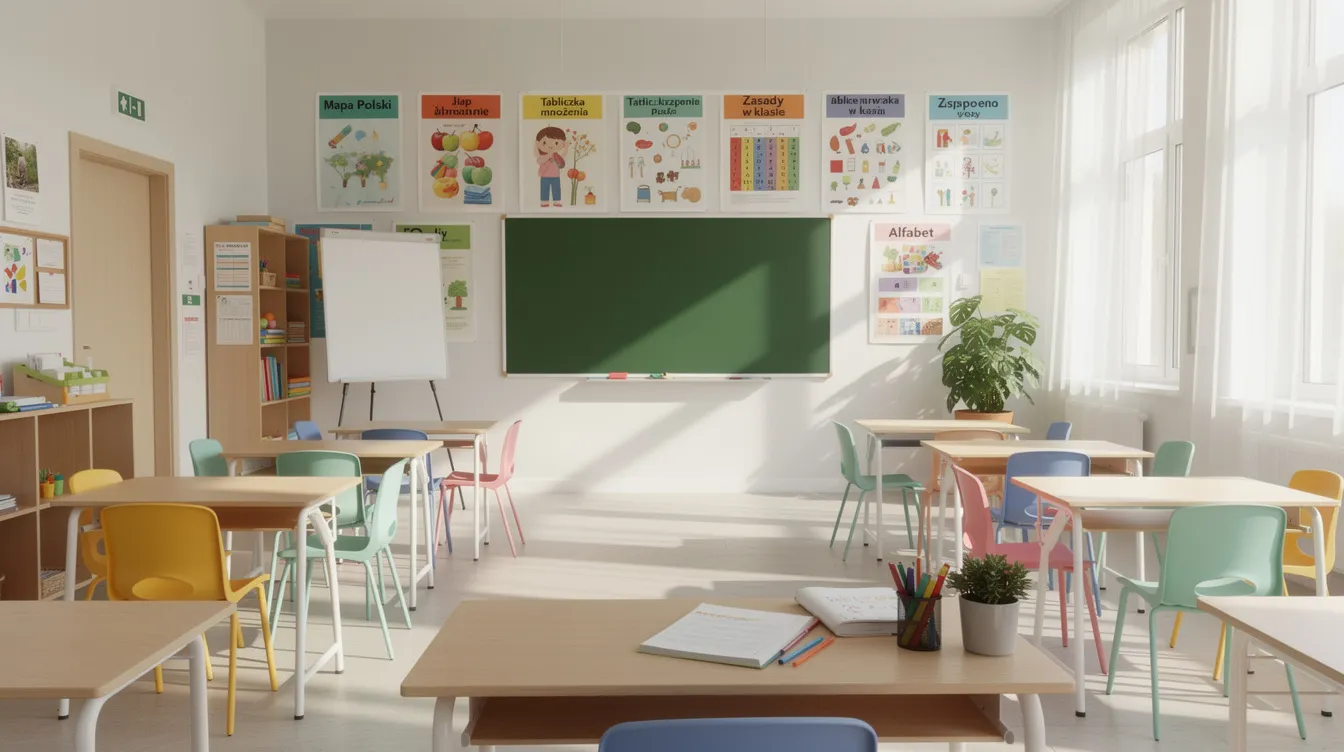 Na obrazku widoczna jest kolorowa sala lekcyjna, w której jasne światło wpada przez okna, oświetlając ławki ustawione w kształt podkowy. Na ścianach znajdują się plakaty związane z zasadami klasowymi oraz materiałami edukacyjnymi, co tworzy przyjazną atmosferę do nauki dla uczniów.