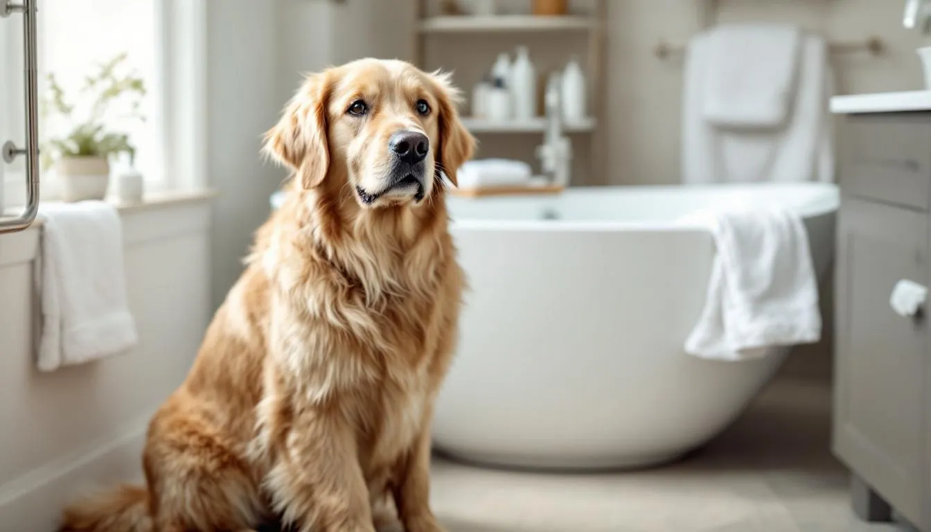 A calm golden retriever sits beside a bathtub, surrounded by towels and dog shampoo, ready for bath time. The dog
