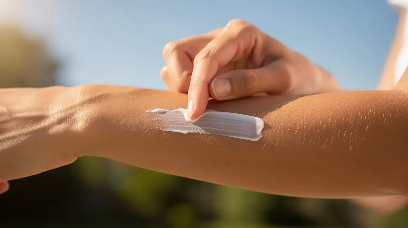 A person is applying sunscreen to their forearm while outdoors on a sunny day, ensuring protection for their skin against UV rays. The visible skin appears healthy and well-cared-for, which is important for maintaining the appearance of any existing scars.