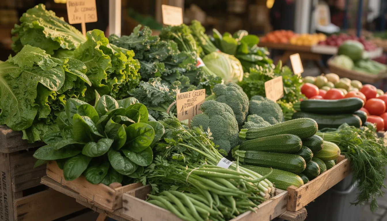 L'image montre un étal coloré de légumes verts frais sur un marché, incluant des haricots rouges et d'autres aliments sains. Ces légumes sont essentiels pour une bonne santé et peuvent contribuer au bien-être général du corps humain.