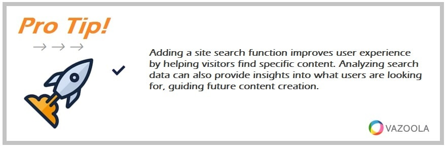 Adding a site search function improves user experience by helping visitors find specific content. Analyzing search data can also provide insights into what users are looking for, guiding future content creation