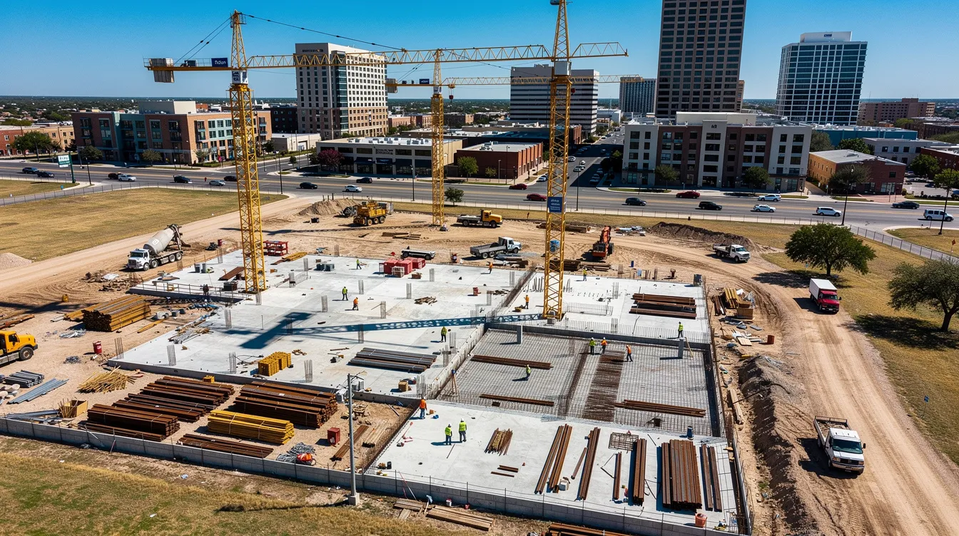 Aerial view of an active construction site in an urban Texas setting with cranes and concrete work.