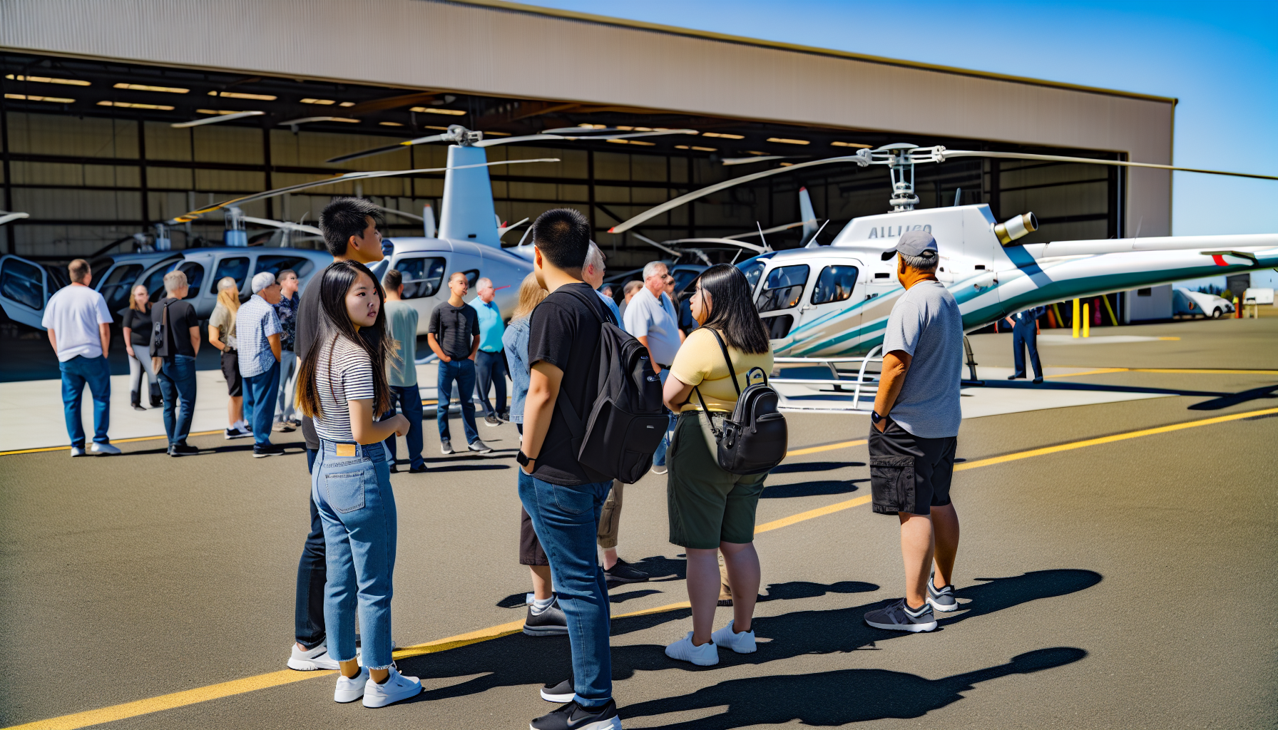 Prospective students visiting a helicopter flight school