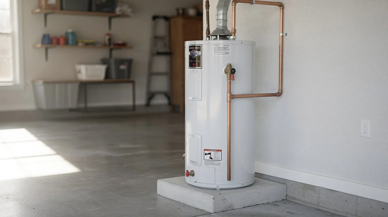 The image depicts a water heater installed in a residential garage, showcasing copper pipes and a pressure relief valve, which are essential components of a plumbing system. This installation highlights the importance of professional plumbing services for homeowners looking to ensure efficient water heater functionality and avoid potential plumbing issues.