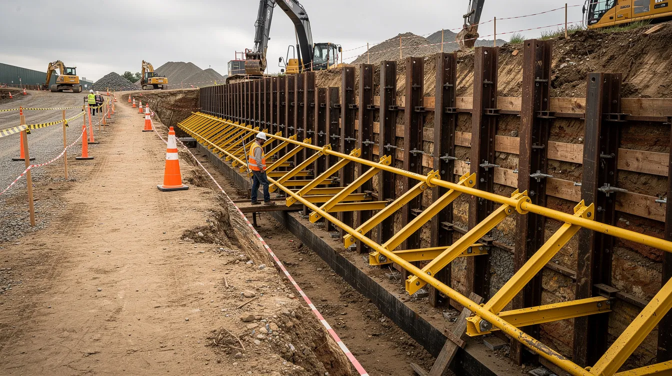 The image depicts a deep excavation trench at a construction site, reinforced with a protective shoring system to ensure worker safety. This setup highlights the importance of adhering to safety regulations to prevent construction site accidents and protect workers from serious injuries.