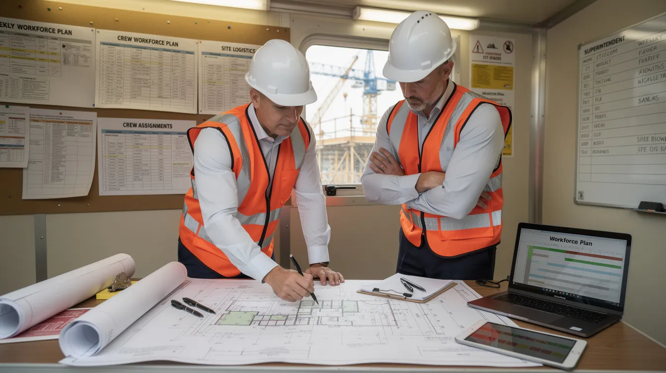 A project manager and superintendent are collaborating inside a construction site trailer, surrounded by blueprints and wearing hard hats, as they discuss workforce planning strategies to meet project needs. Their focus on resource allocation and identifying gaps highlights the importance of skilled professionals and effective staffing strategies in the construction industry.