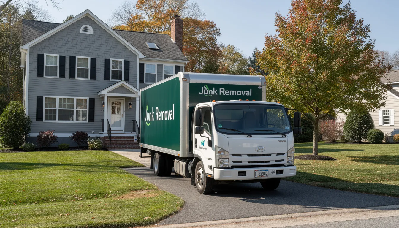 A professional junk removal truck is parked in front of a residential home in Connecticut, ready to assist with the foreclosure cleanout process by removing unwanted items and debris efficiently. The truck represents reliable service for property managers and homeowners looking to prepare foreclosed properties for the next chapter.