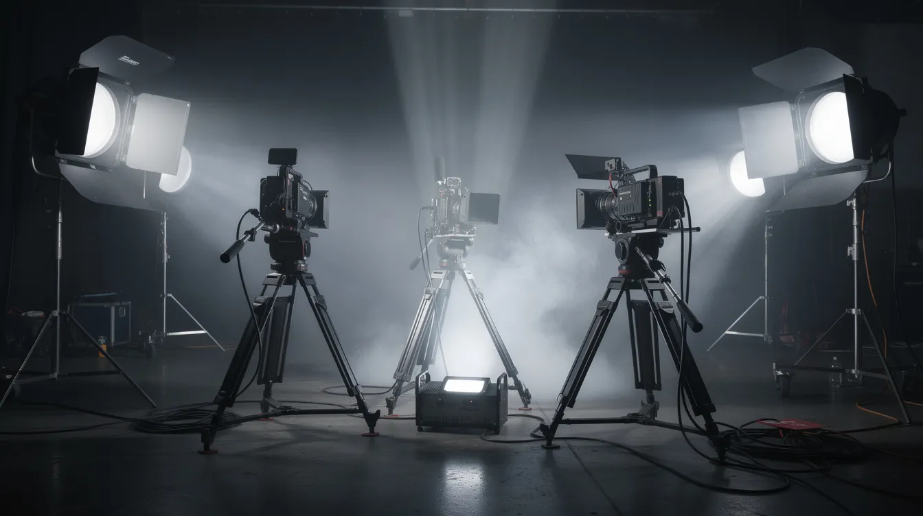 Das Bild zeigt einen Kameraaufbau in einem dunklen Studio, umgeben von Scheinwerfern und einer Nebelmaschine, die Lichtstrahlen durch den Nebel schneiden. Die Atmosphäre erinnert an die düstere, futuristische Welt von Ridley Scotts "Blade Runner", wo die Grenzen zwischen Mensch und Replikant verschwommen sind.