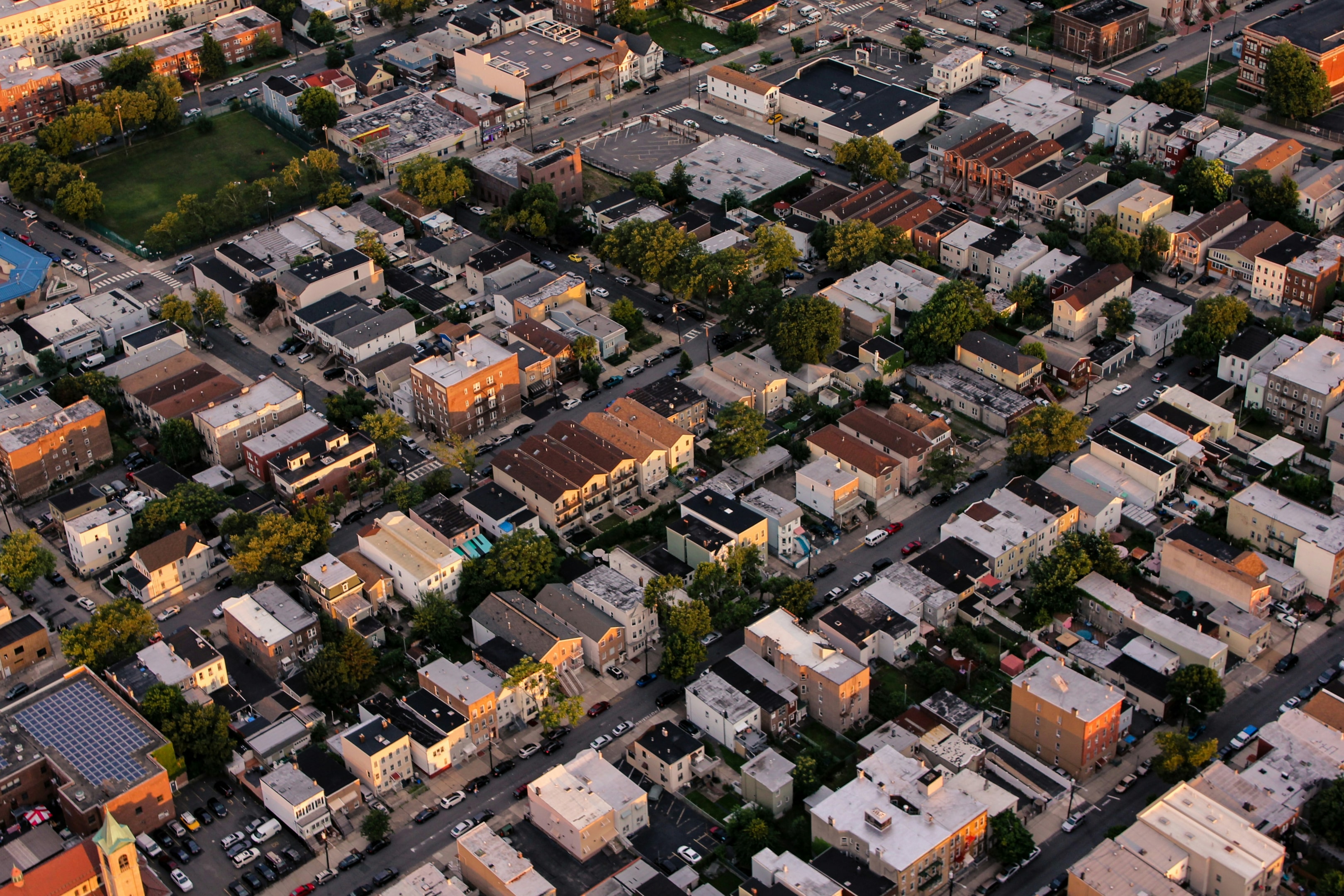 Aerial view of neighborhood with some condemned properties being revitalized.