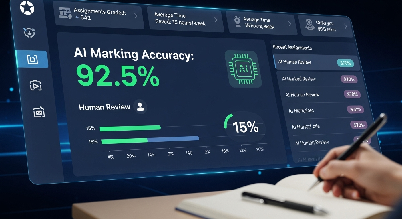 Modern classroom dashboard showing AI marking accuracy above 90 percent alongside human review.