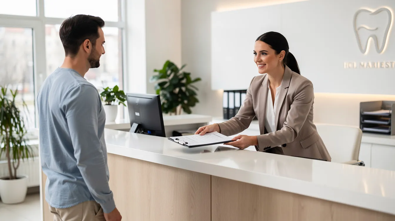 A dental office receptionist is seen handing paperwork to a patient at a modern front desk, facilitating the process of dental services and ensuring proper documentation for medical billing and insurance claims. The office environment is bright and organized, reflecting a professional atmosphere for patient care.