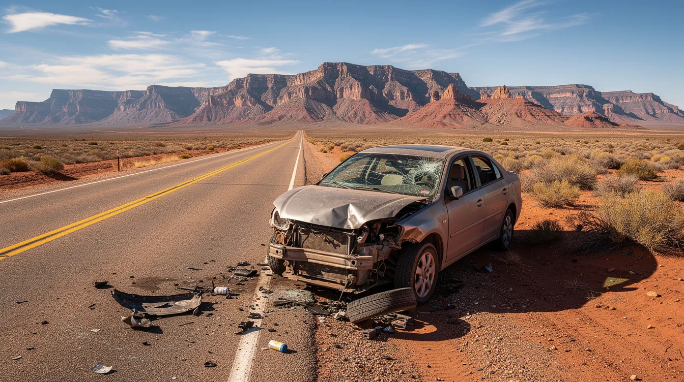 The image depicts a damaged vehicle on a desert highway in New Mexico, with rugged mountains in the background. This scene may evoke considerations regarding insurance coverage and potential bad faith claims, particularly if the vehicle owner faces unreasonable denials from their own insurance company after a car accident.